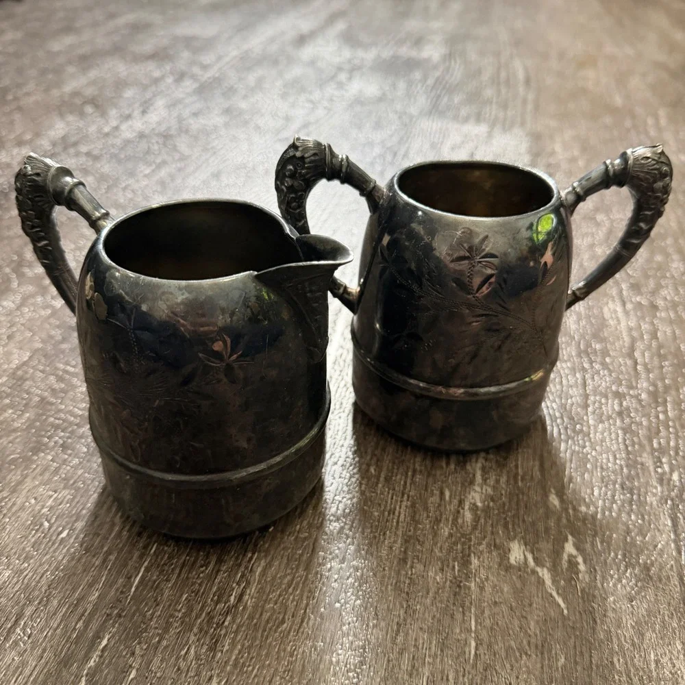 Vintage‎ Silver Plated Creamer and Sugar Bowl Set Ornate Handles Floral Etching